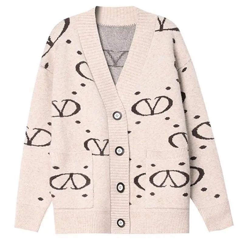 Women's V Neck Printed Knitted Cardigan Autumn Winter Loose Thick Plus Size Sweater Jacket