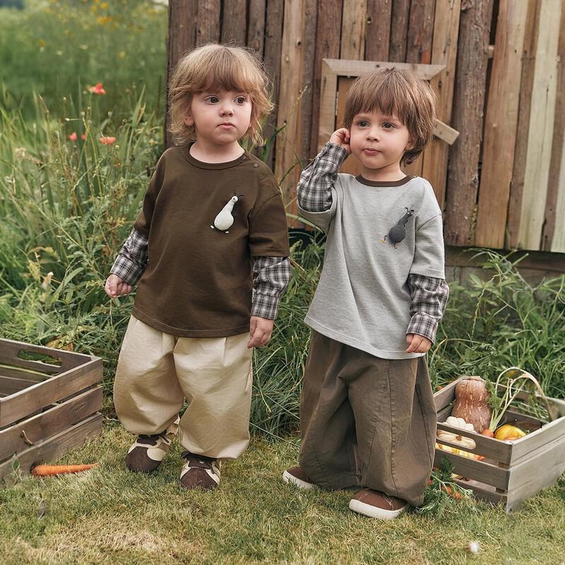 Minibala Boy's Long-Sleeve Fake Two-Piece T-Shirt with Cute Doll