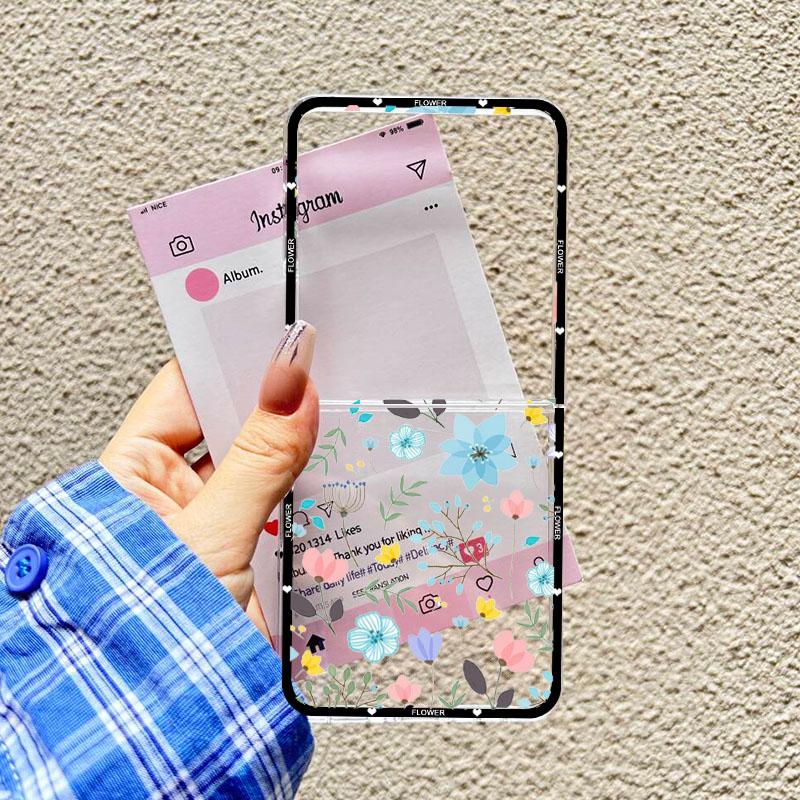 Per Samsung Galaxy Z Flip 7 Custodia INS Corea Foglie Fiore Cover Trasparente per Samsung ZFlip7 Z Flip7 5G Guscio Floreale Blu