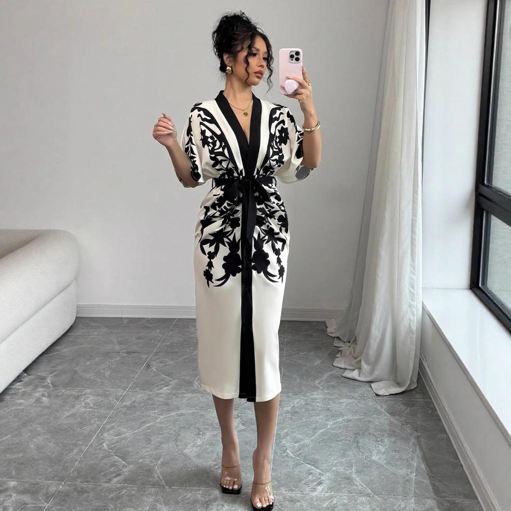 Women Elegant Floral Print Kimono Robe Midi Dress with Waist Tie