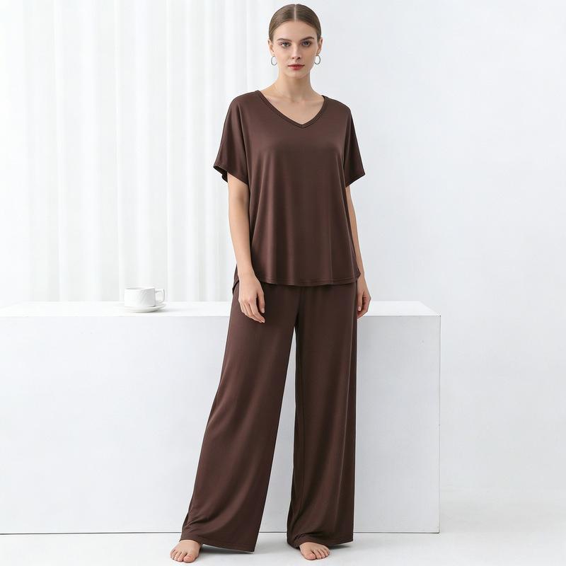 Summer Modal Homewear 2 Piece V-Neck Short Sleeve Tshirt and Wide Leg Pant Ankle Length Loose Sleepwear Set Comfort Pajama Sets