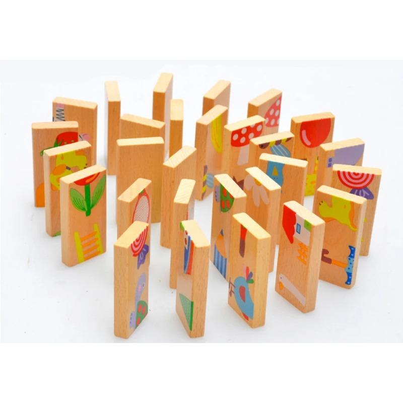 28PCS Wooden Domino Toys Early Learning Wooden Animal Domino Toys Set Shape Sorting Order Learning Educational Toys for Children