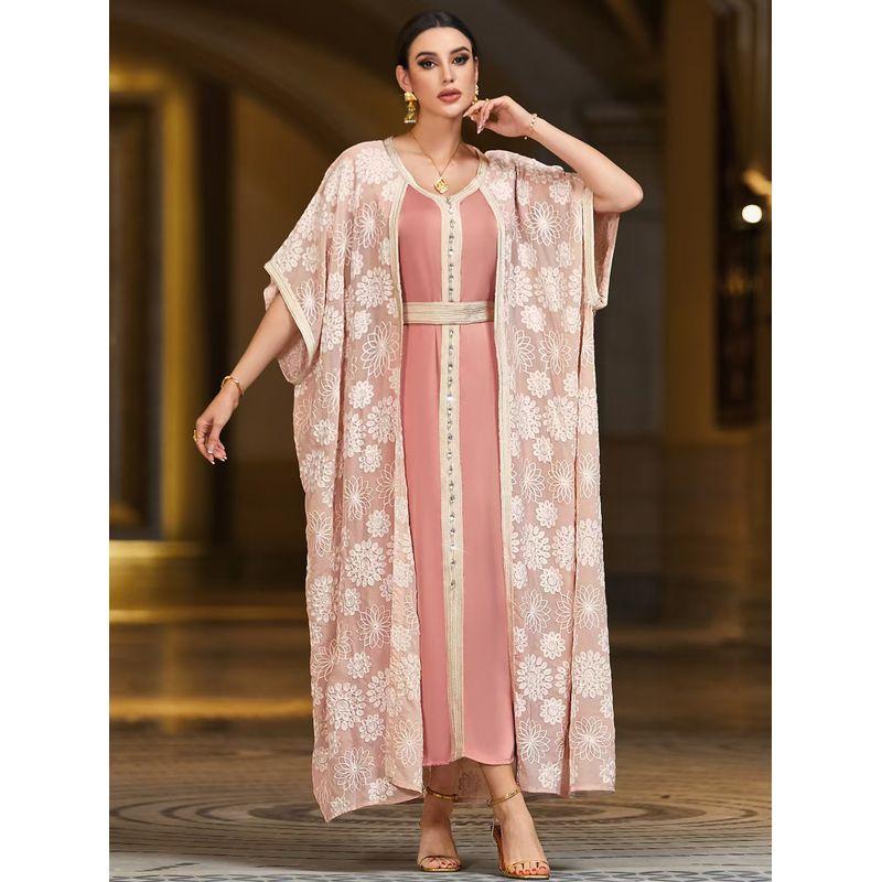 

New Arrival Middle East Embroidery Stitching Satin Fake Two-Piece Dress Embroidered Fake Two Dresses Pink 2XL