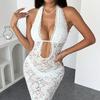 Women's Sexy Solid Color Halter Neck Hollow Out Sheer Lace Slim Fit Mermaid Maxi Evening Party Dress