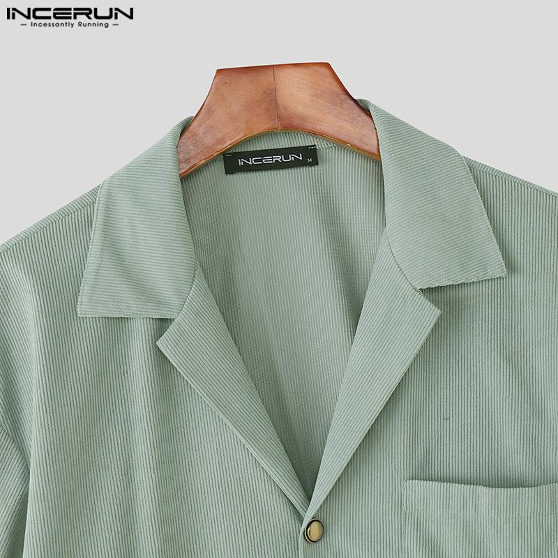 INCERUN 2PCS Men Lapel Neck Corduroy Short Sleeve Shirt Long Straight Pants Sets Outfits