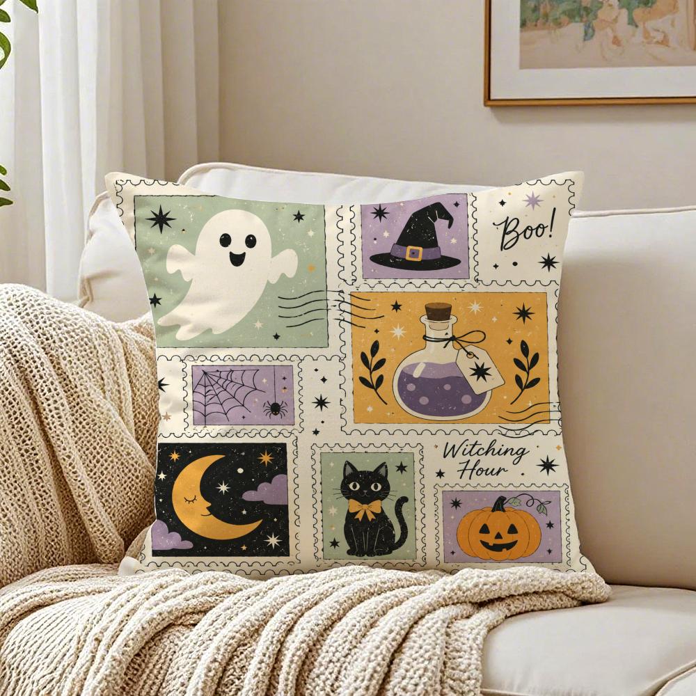 Spooky Cute Halloween Ghost Cat Cushion Cover Breathable Organic Cushion Covers Machine Washable Wrinkle-Resistant Soft Durable