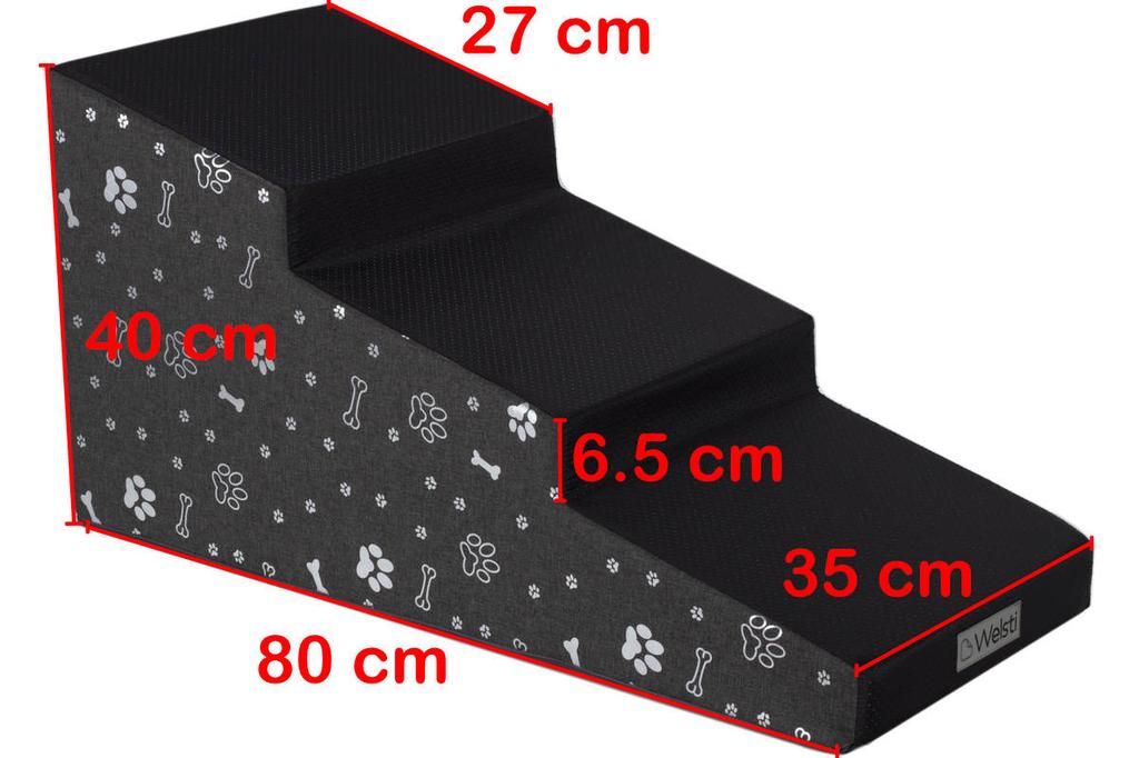 Schody Dla Psa Kota Welsti Wysokość 40 Cm 3 Pochylne Stopnie Ciemny Szary Ze Srebrnym Nadrukiem Dla Zwierząt Do 15 Kg