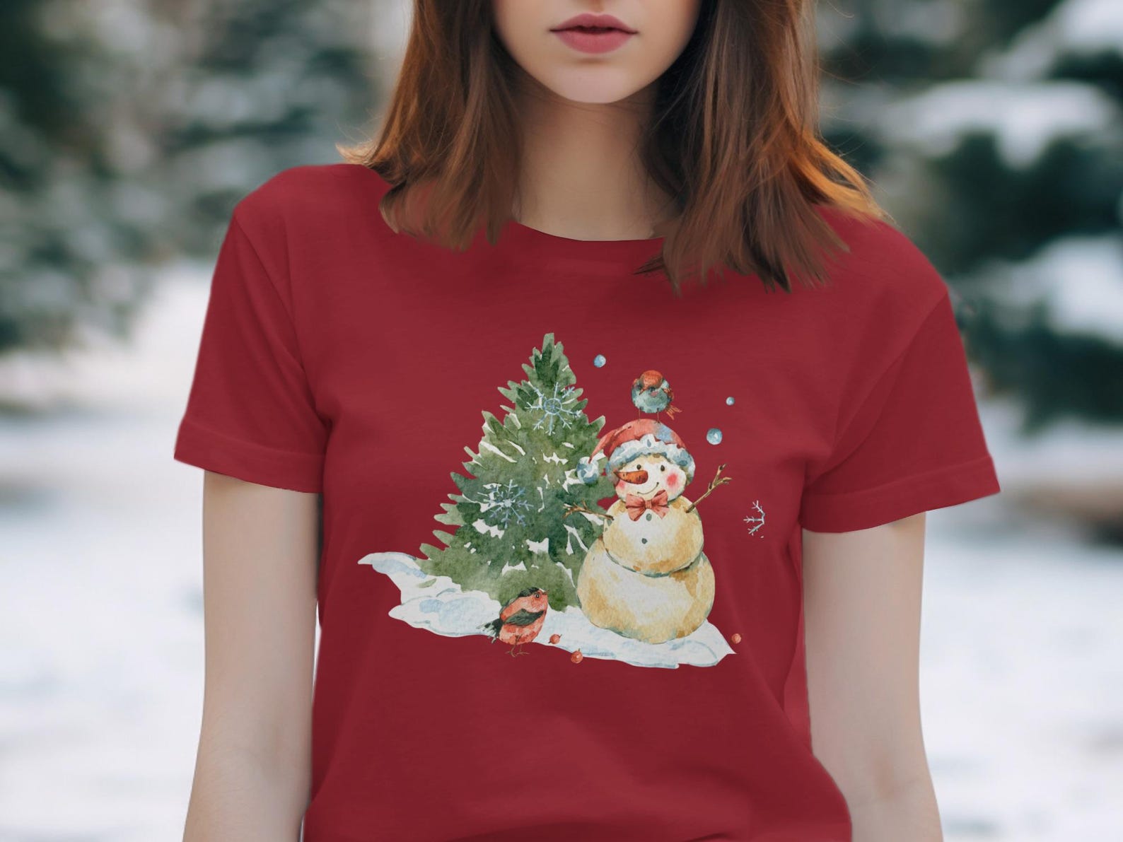Watercolor Snowman T-Shirt | Winter Wonderland Tee with Birds, Christmas Apparel S