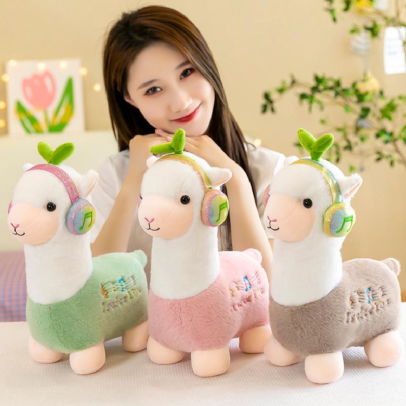 Headphones Alpaca Wear Plush Toy Soft Short Plush Stuffed Animal Home Decoration