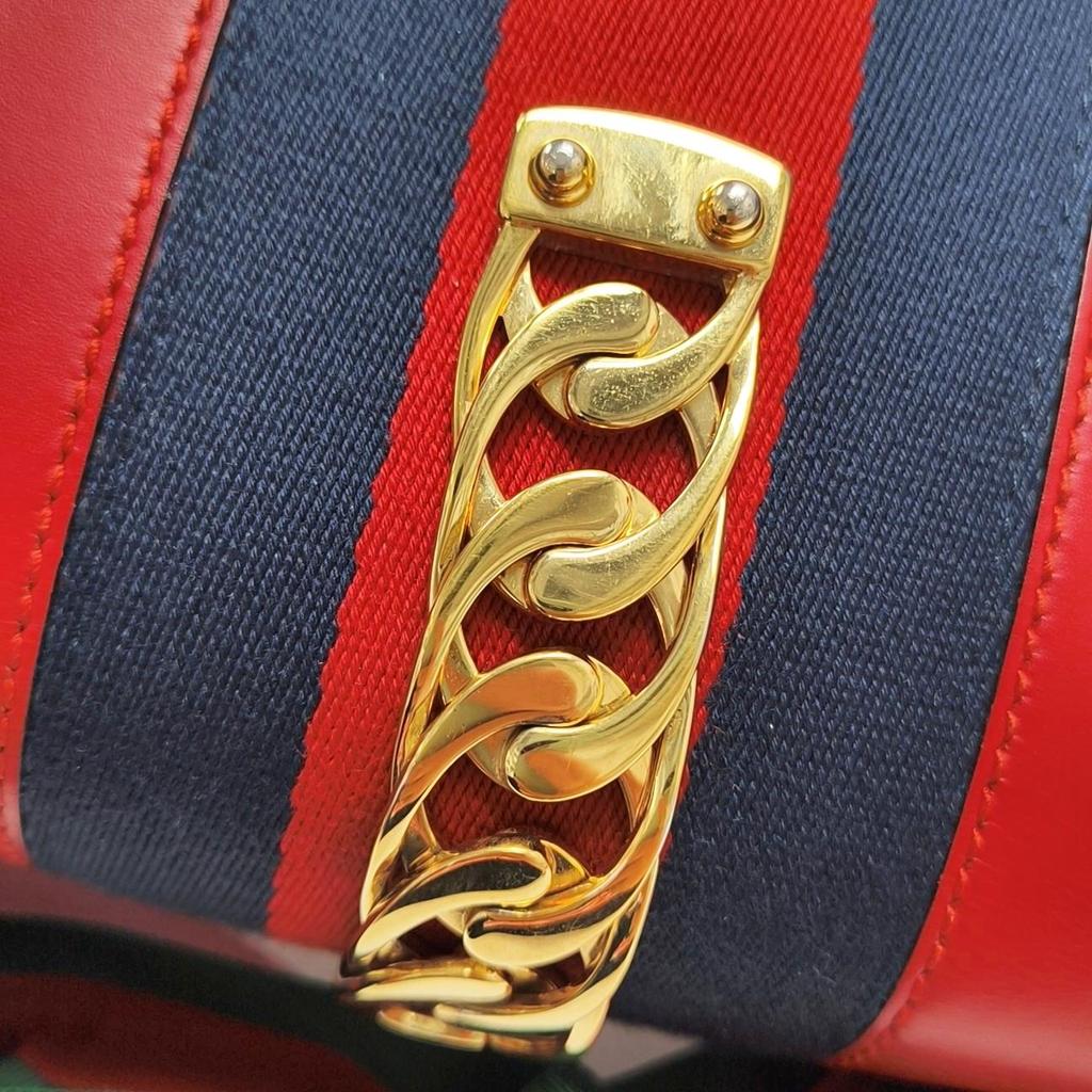 [Pre-Owned] Sylvie Gold Buckle Striped Web Ribbon Bow Wide Shoulder Strap Leather Shoulder Crossbody Handbag Small - Good #13KNGZB