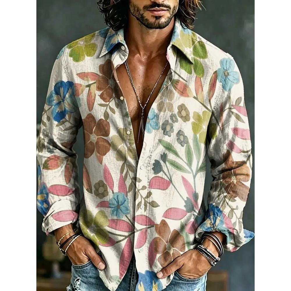 Camisa de hombre con estampado artístico 3D estilo lino retro casual manga larga solapa top moderno y cómodo nueva camisa de talla grande