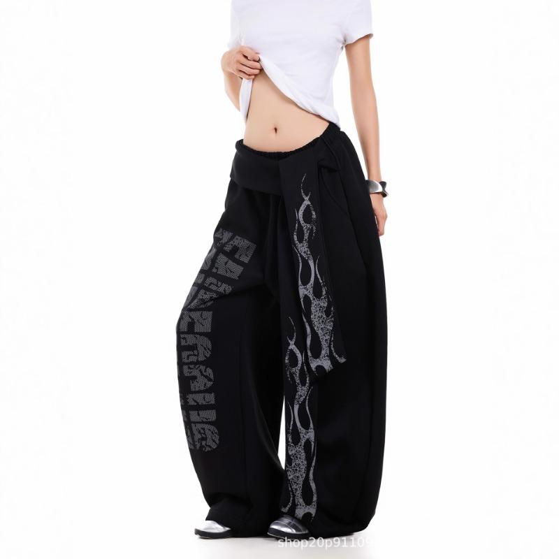 Vintage niche letter flame streamer casual sweatpants street design sense loose casual straight wide-leg pants