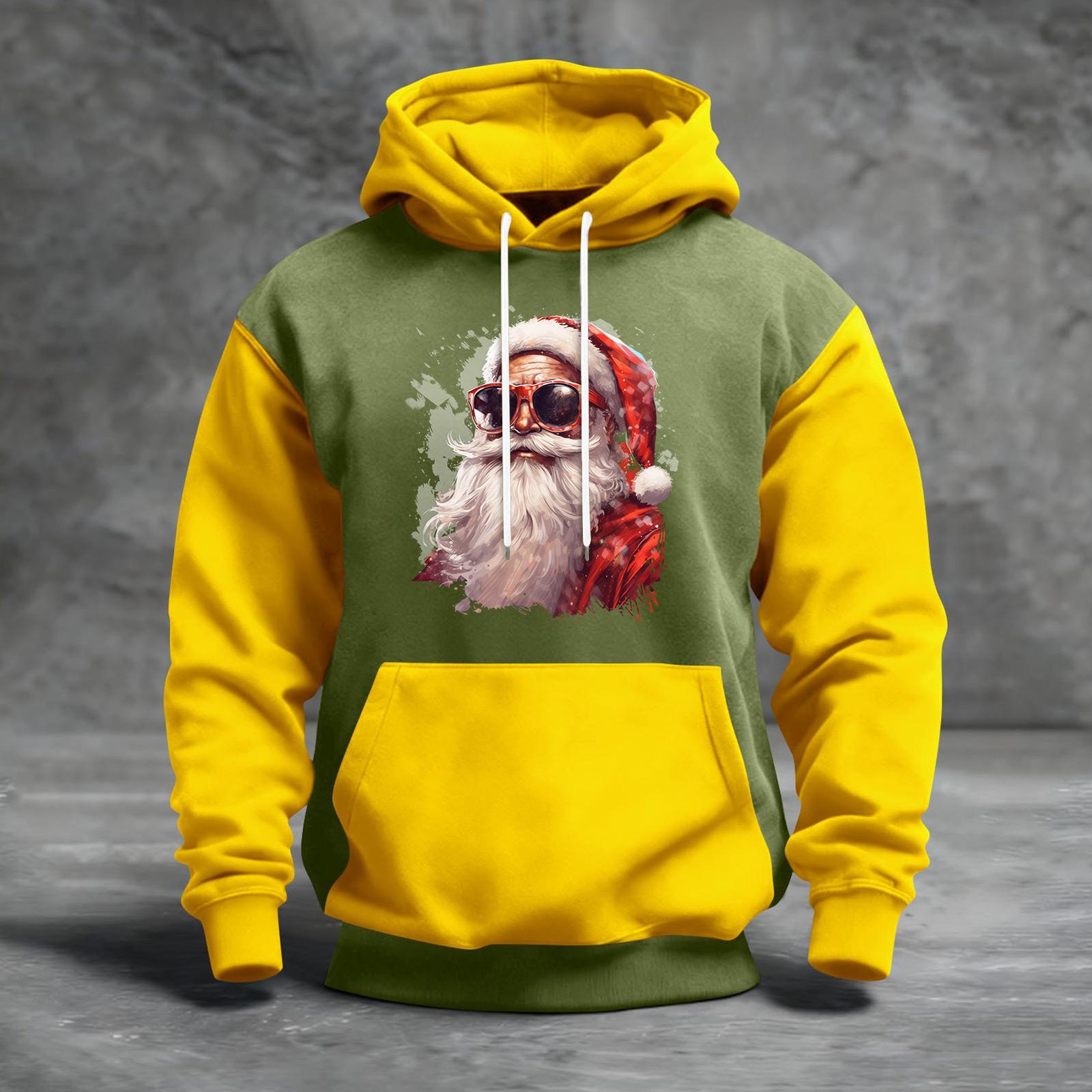 

Мужской рождественский свитшот с капюшоном, повседневный, спортивный, удобный, с цветными блоками и принтом XL жёлтый