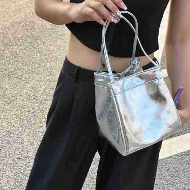 Yogodlns damska jednokolorowa mała górna rączka torebka typu Bucket Vintage PU Leather All-match Chic Tote Bag