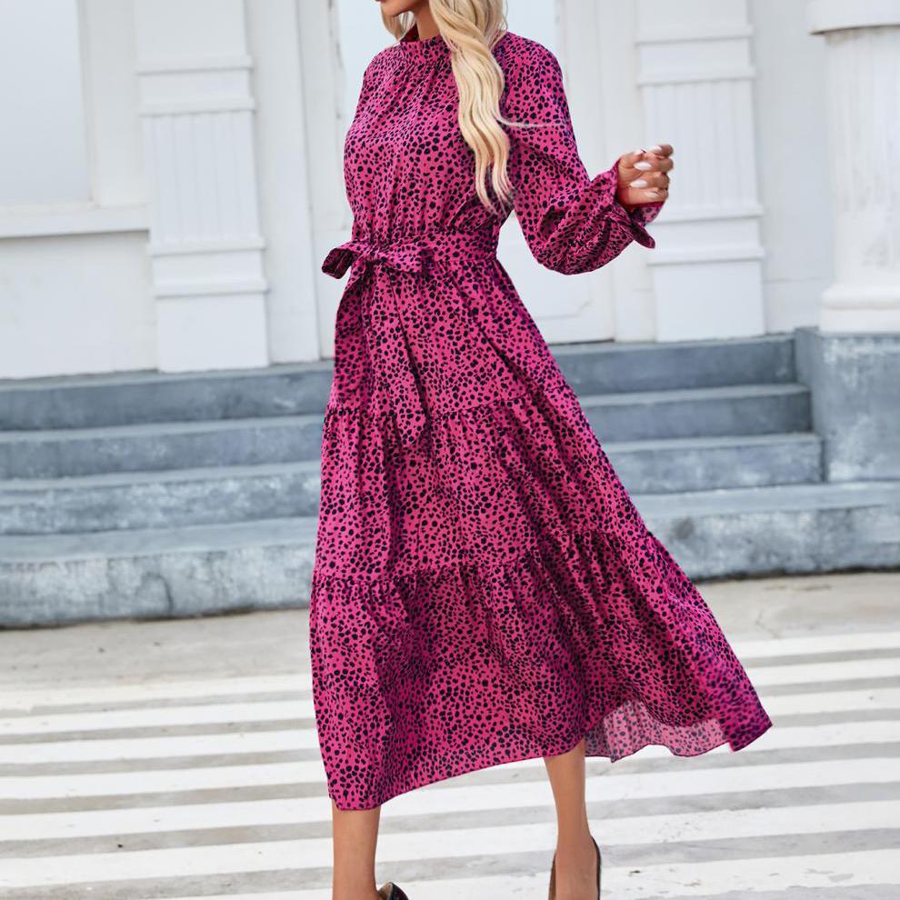Rose Red Spring Women's Fashion Printed Collar Ruffled Long Sleeve Lace-up Waisted Dress