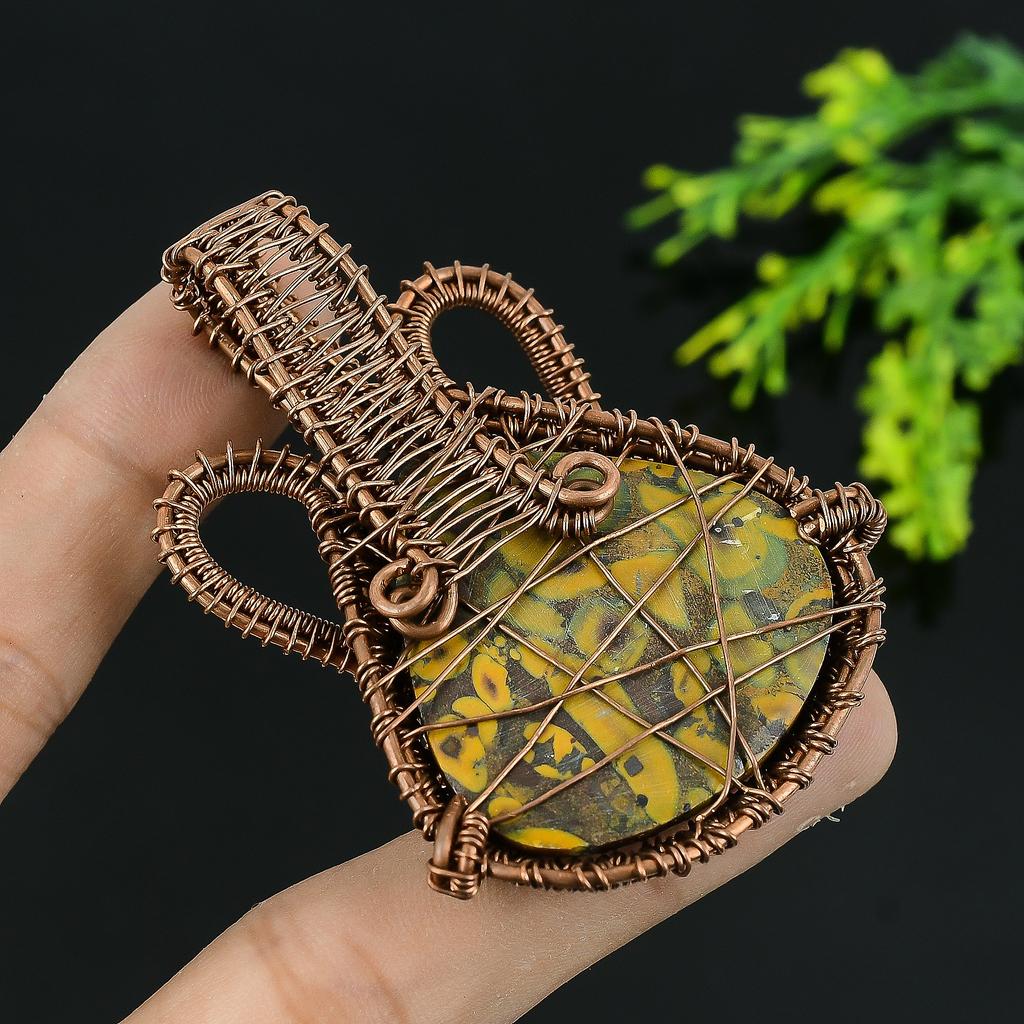 Natural Bamboo Jasper Gemstone Handmade Copper Wire Wrap Pendant 2.5 E7B79