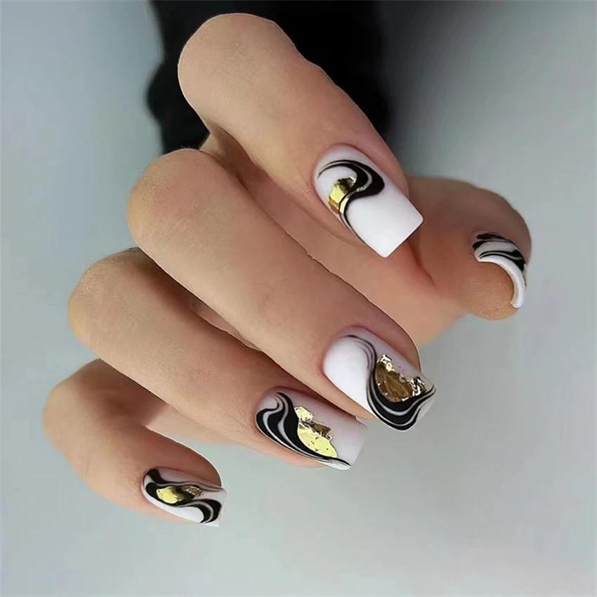 24Pcs French Long Ballet Square Fake Nails Removable Full Cover Press On Nails Acrylic False Nail Tips