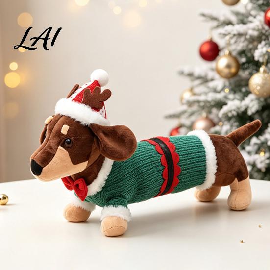 Holiday Themed Soft Toy Christmas Dachshund Plush Toy Cute Dog Stuffed Animal with Santa Hat Sweater Sweater Decor Ornament for Home Shelf Display,