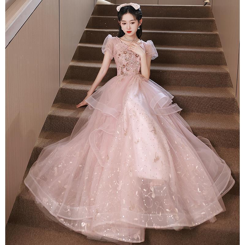 Pink banquet evening dress 1011 new French art exam host long dress bubble sleeves elegant dress
