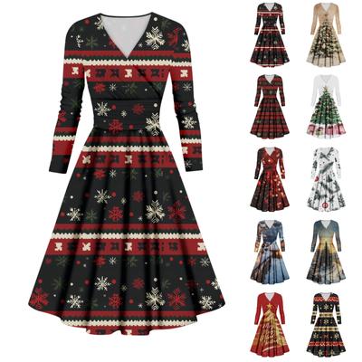 Women's Casual And Fashionable Christmas Printed Long Sleeved V-neck Sexy Dress