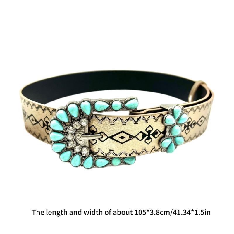 Elegant Western PU Belt Embossed Pattern Waistband Jeans Waiststrap Waist Decors Women Turquoises Buckle Waist Belt