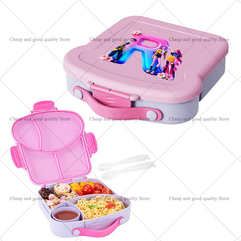 KPop Demon Hunters Lunch Box with Spoon Fork Sauce Case Girls Anime Letter School Picnic Bento Food Storage Containers Kids Gift