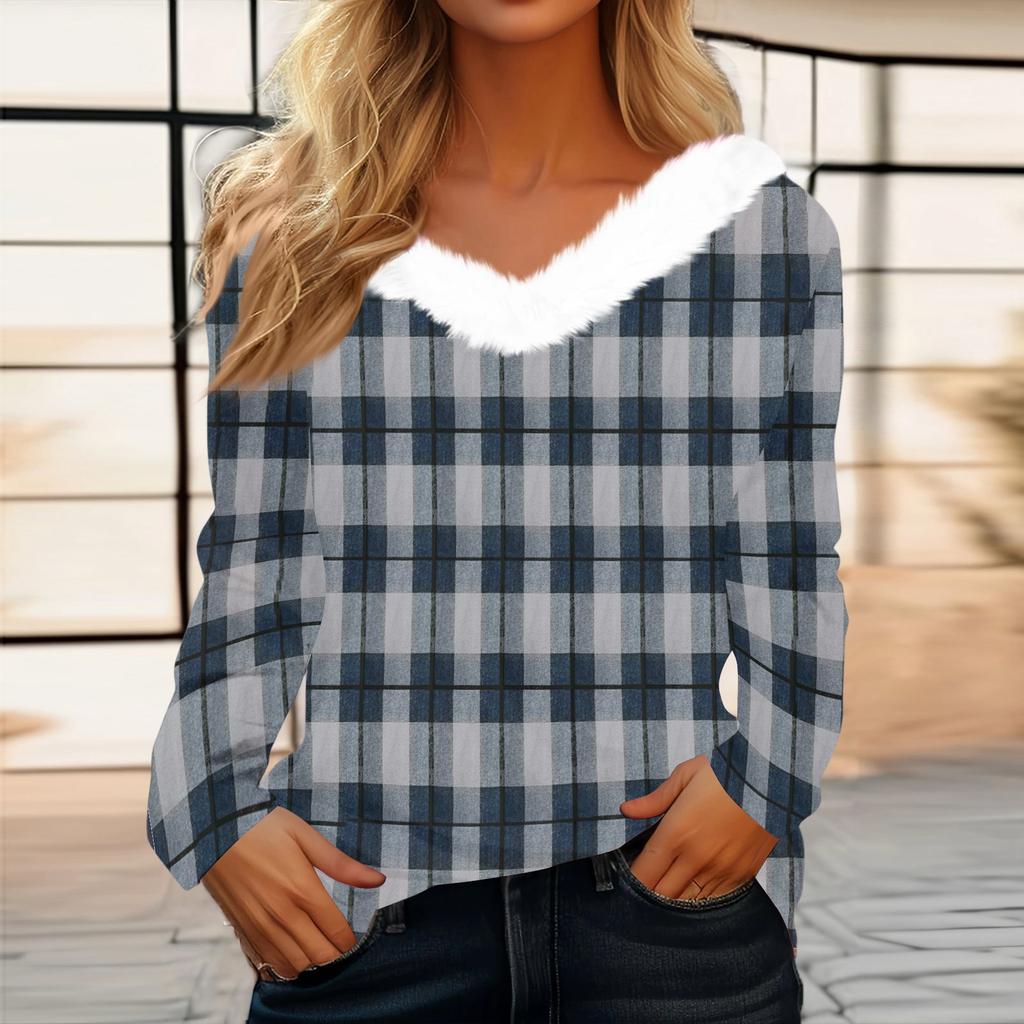 Women's Fashion Long Sleeve Plaid Print Fleece Collar V-Neck Top