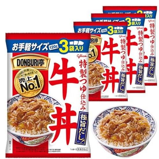 DONBURI-tei Gyudon 3-Mahlzeiten-Packung x 4 Einheiten Ezaki Glico (Raumtemperatur-Lagerung Notvorrat Schienenfahrzeug Donburi-Basis Retorte)