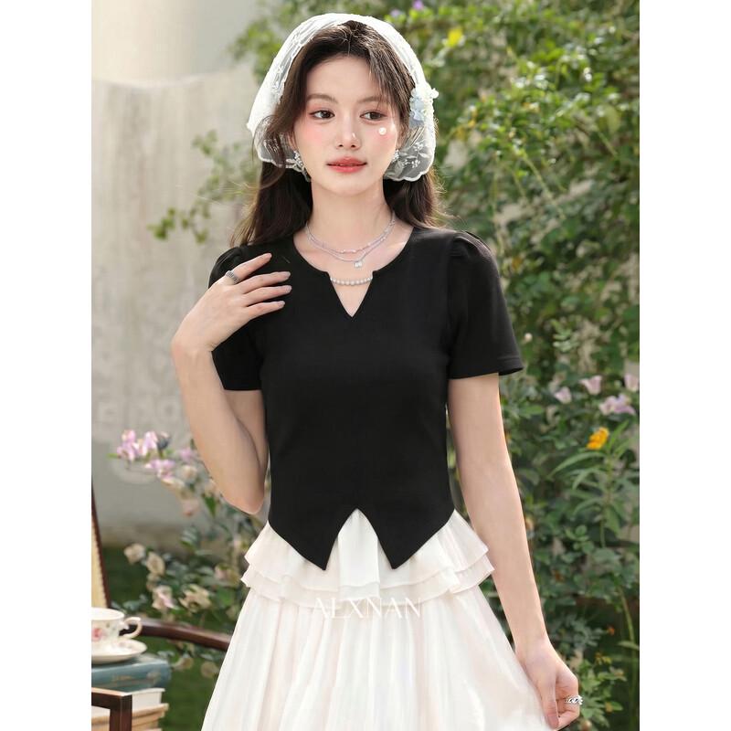Elegant V-Neck Faux Two-Piece Short Sleeve T-Shirt L