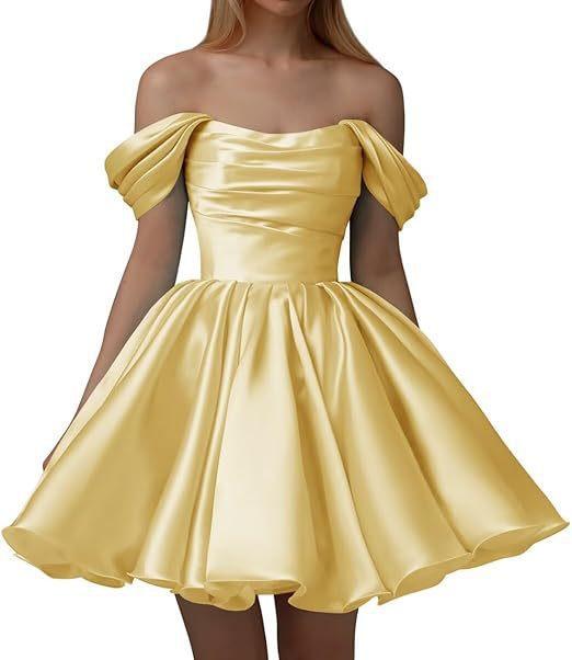 European and American one-word shoulder dress new satin short pleated dance wedding party dress daily dress