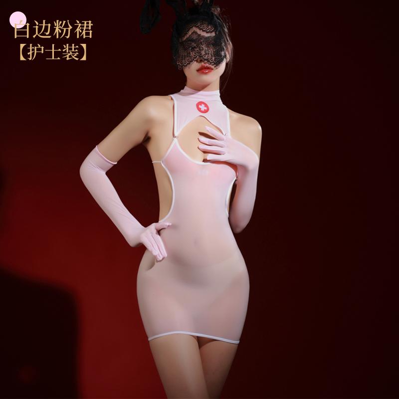 Sexy Women Cosplay Nurse Dress Bandage Hollow Out Tights Dress Oil Glossy Shiny MINI Dress Sheer See Through Maid Dress