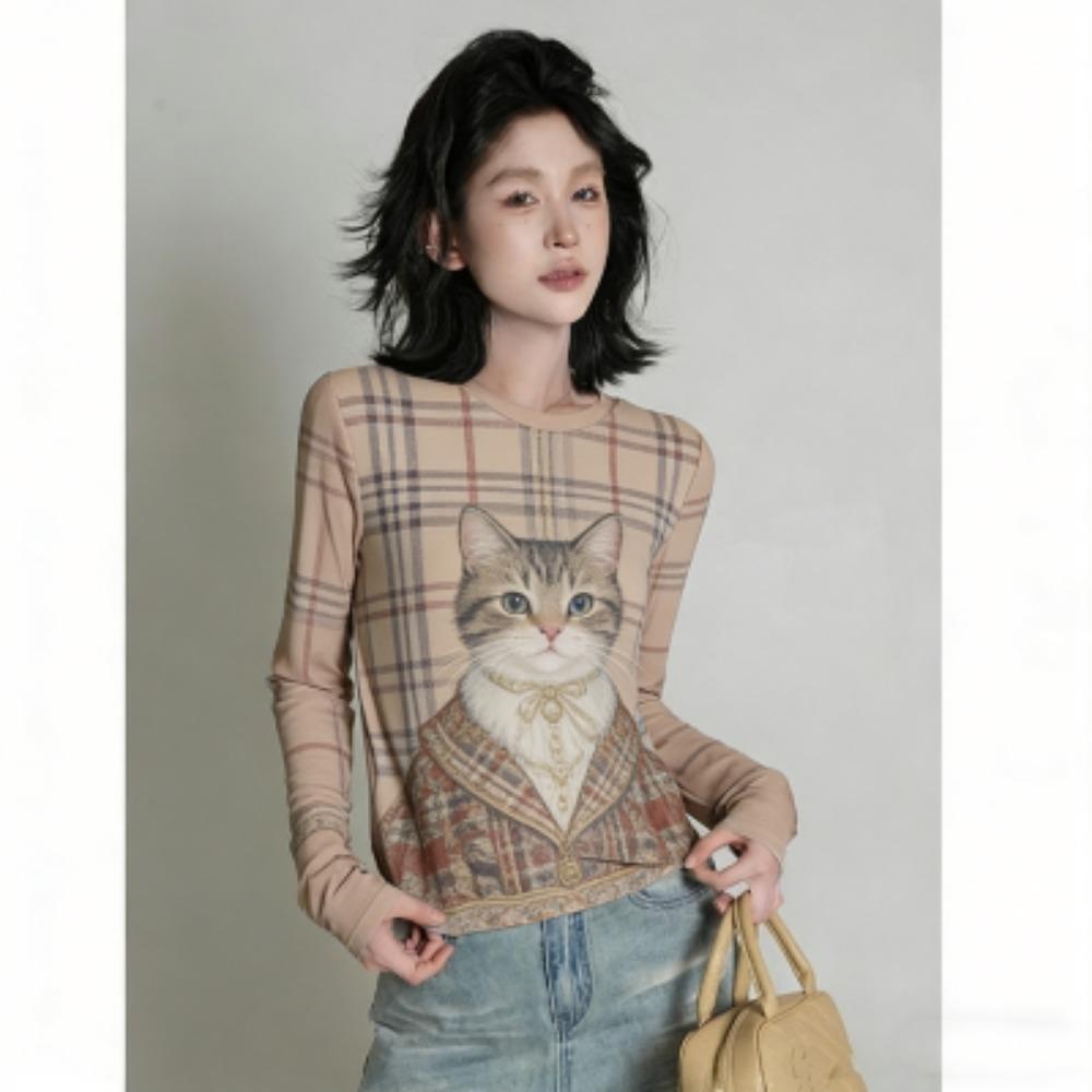 Europe America Fashion Cat Print Women's T-shirt Casual Pullover Women Long Sleeve Clothing Outdoor Street Tees Top