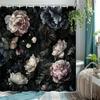 Dark Floral Shower Curtain Black Background Peonies Butterflies Gothic Design Waterproof Fabric Elegant Bathroom Decor