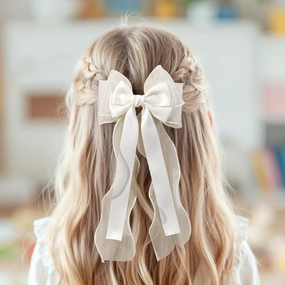 Girls Chiffon Bow Hair Clip Elegant Long Tail Ribbon Hairpins For Children Wedding Prom Daily French Headwear Hair Accessories