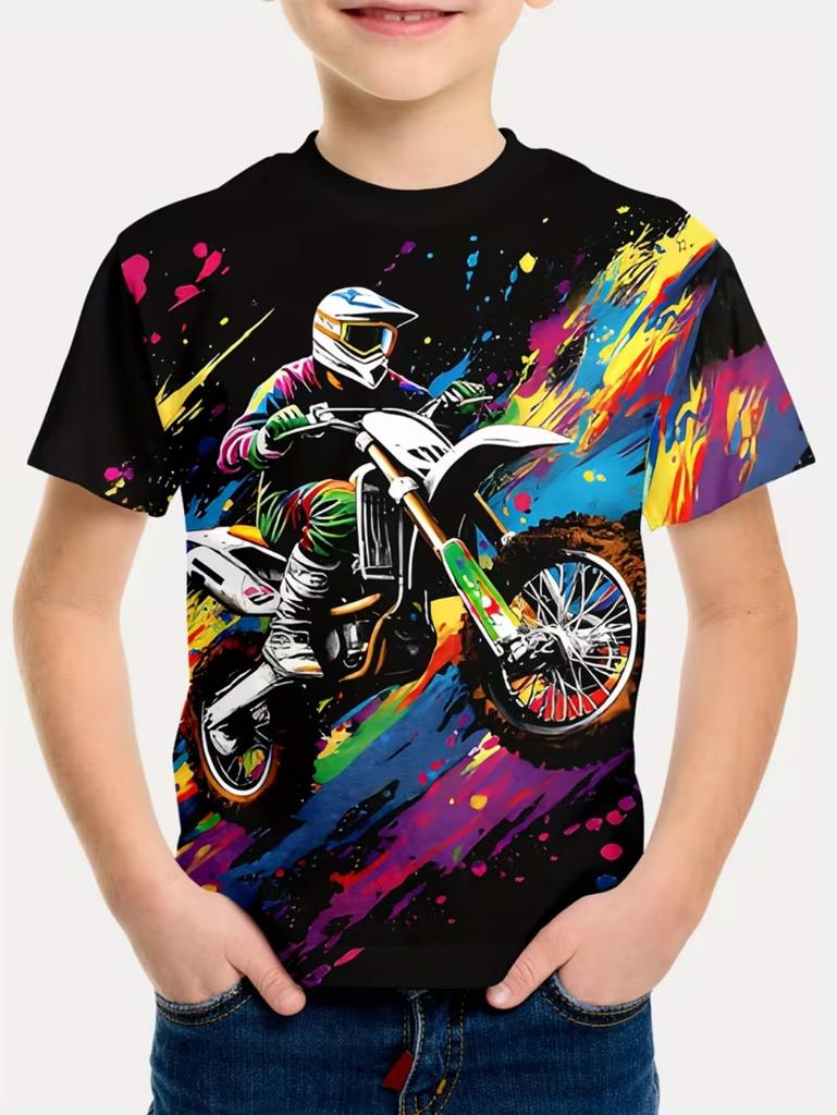 Chlapecké tričko s motorkářem 3D tištěné tričko pro chlapce 2-10 let Krátký rukáv Top pro miminka a děti Letní trendy Street Dětský top