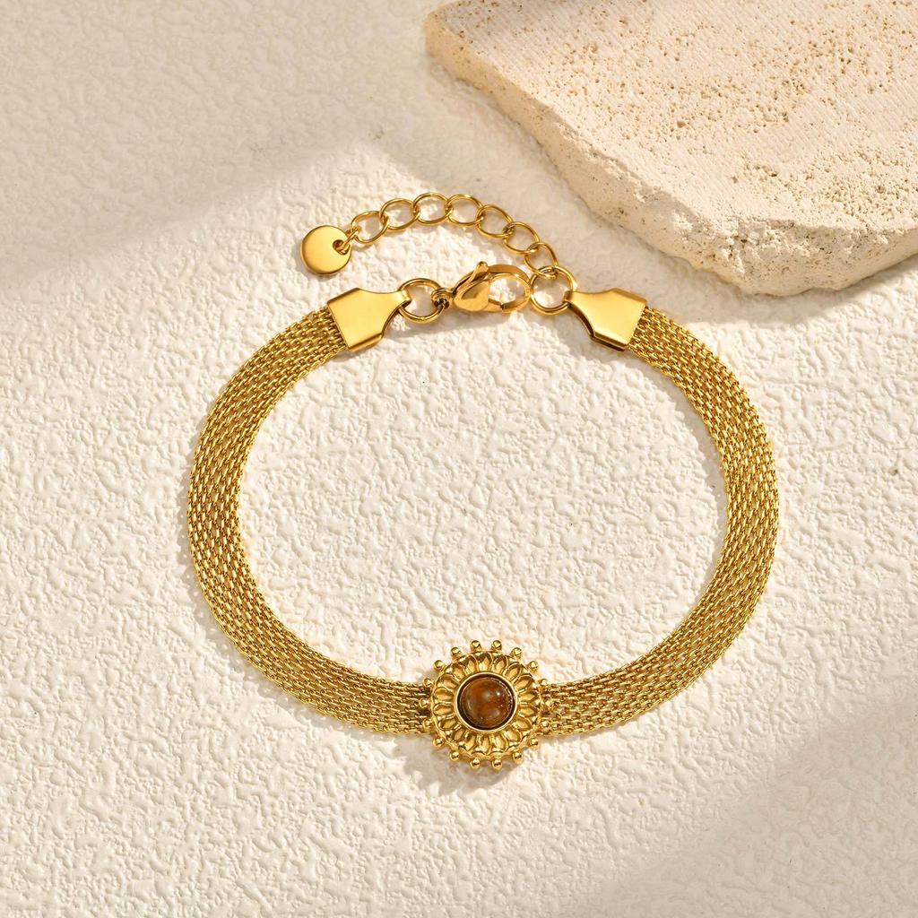 Natural Tiger'S Eye Stone Jewelry Premium Wind Mesh Strap Chain Stainless Steel Plated 18K Gold Bracelet Women