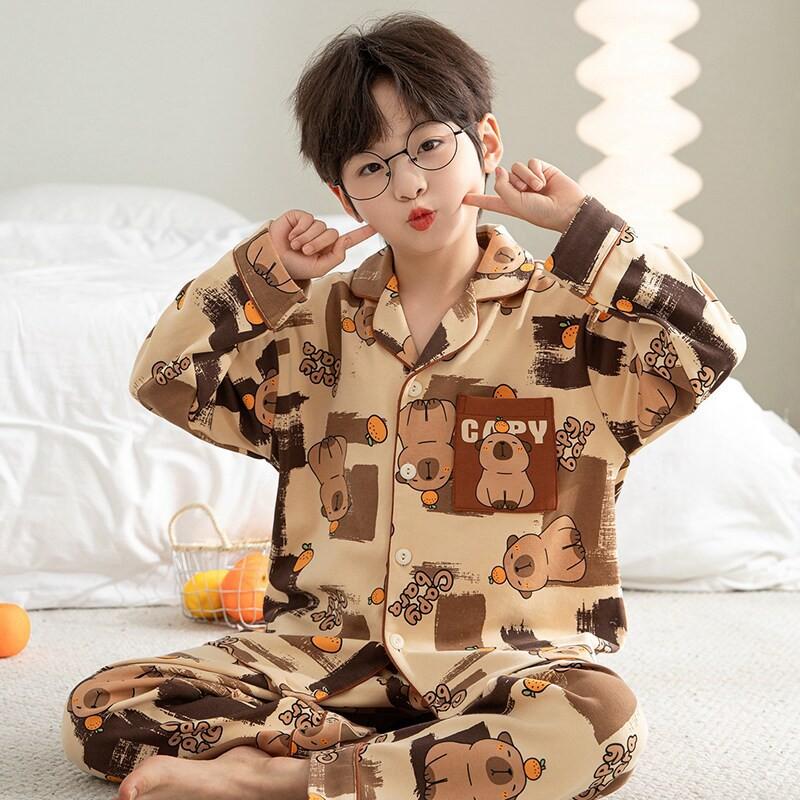 Boys Cotton Pajama Set Long Sleeve Thin Sleepwear Cartoon Print Hoodie Style Home Wear Kids 8