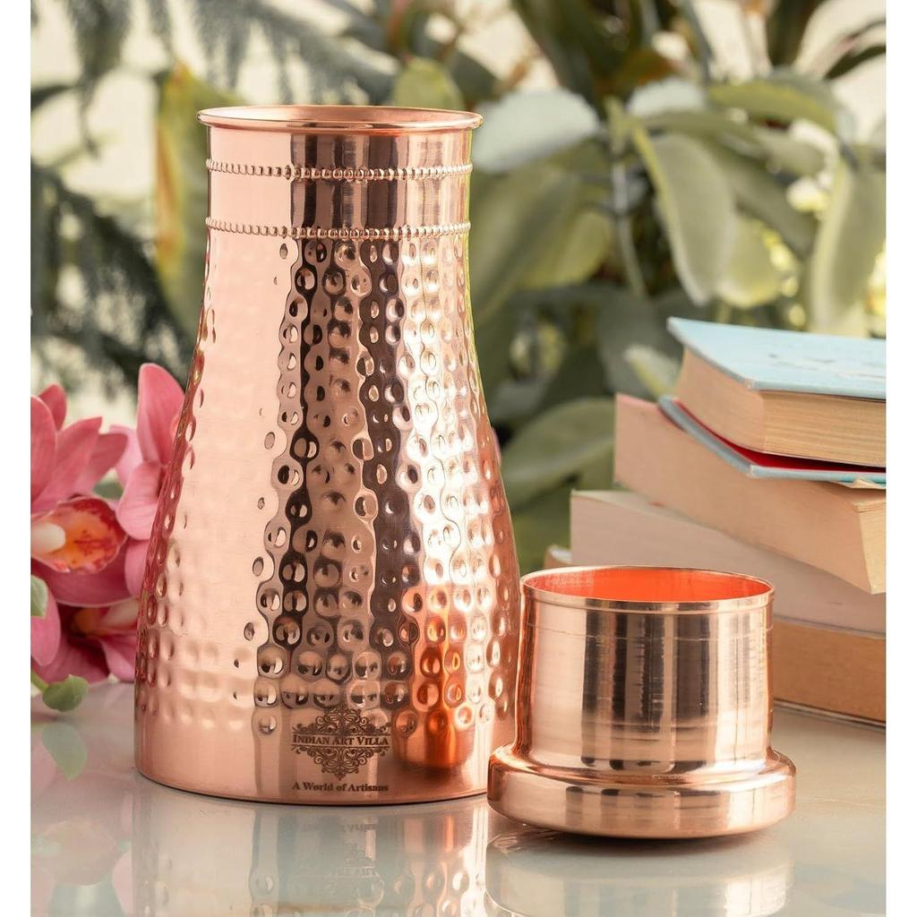 Pure Copper Water Bottle with Glass Lid, Hammered Shine, 950 ml