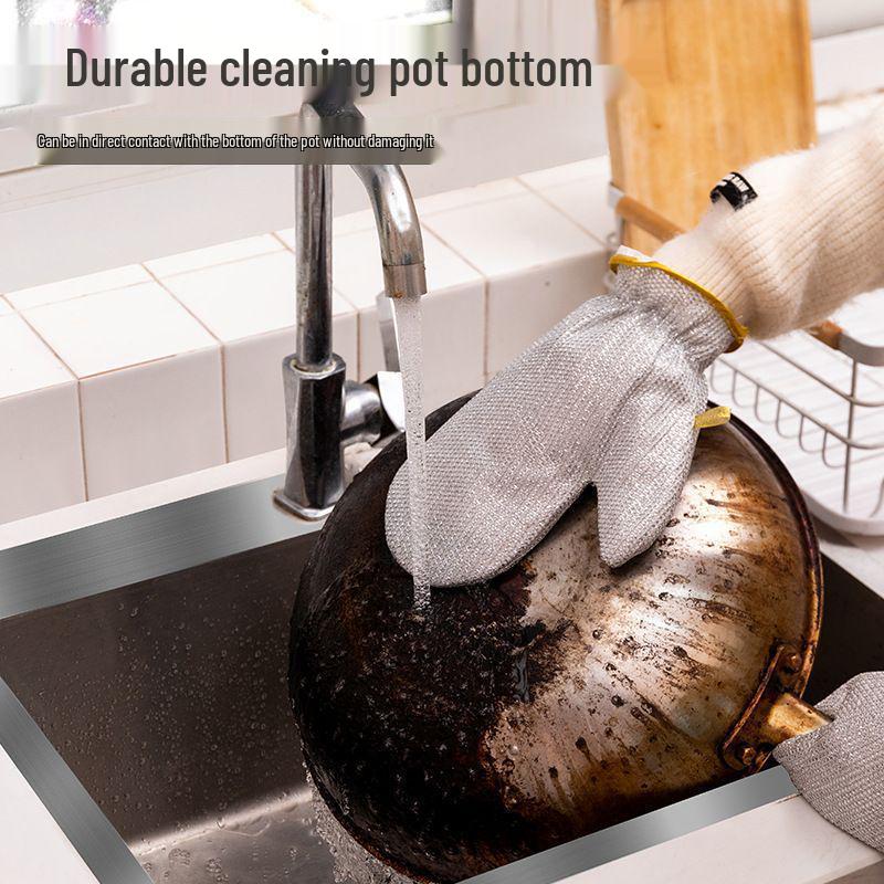 Waterproof Fleece-lined Multifunctional Cleaning Gloves with Silver Wire Dishcloth & Wear-resistant Scouring Pad