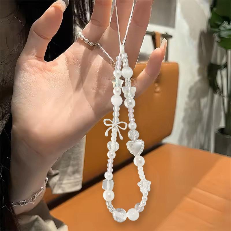 Korean Cute White Star Pearl Beads Phone Chain Trendy Pendant For iPhone For Camera Universal Accessories Lanyard Hanging Rope