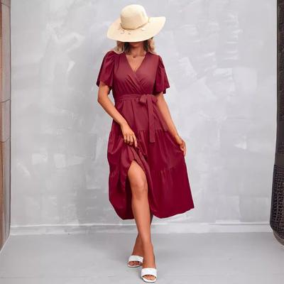 Damenbekleidung Beliebtes europäisches Sommer-Neues heißverkauftes einfarbiges V-Ausschnitt-Kurzarmkleid