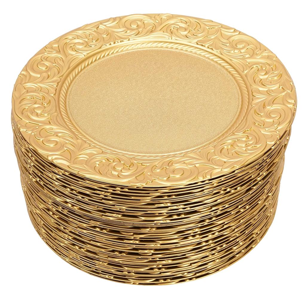 100 Gold Round Placemats Wholesale, 13-Inch Vintage Placemat Set, Plastic Embossed Dinner Plates, Reusable (Gold)