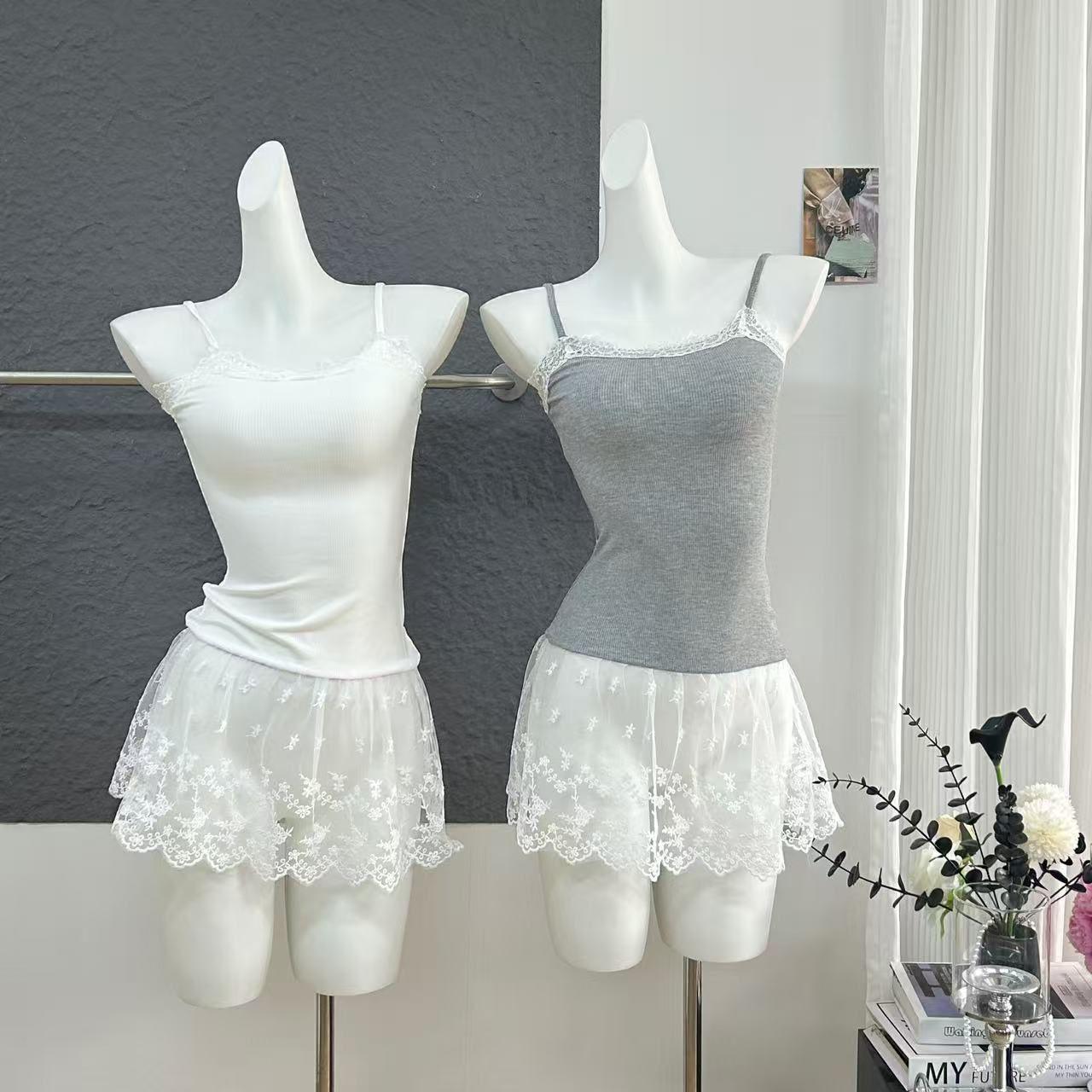 

Summer Korean Lace-Trim Slimming Camisole with Sweet Gentle Skirt Design M белый