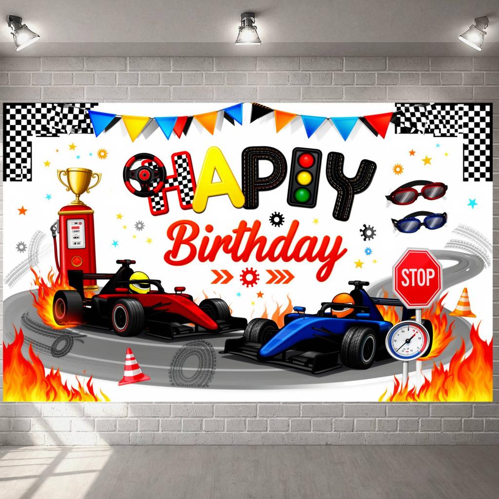 Racing Event Background Red & Blue Tone Race Car Backdrop Banner Racing Helmet Birthday Backdrop For Party Background