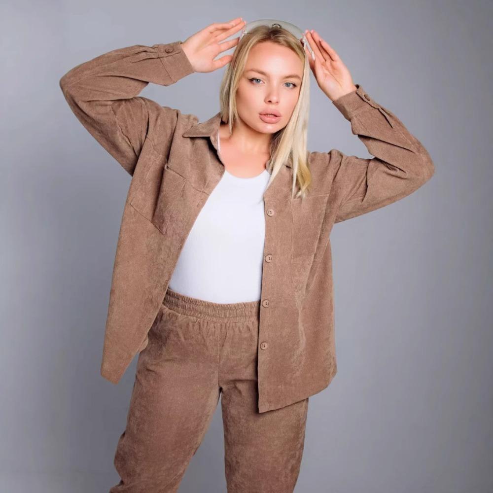Women's Loose Fit Two-piece suit Long Sleeve Blouse Elastic Waist Joggers