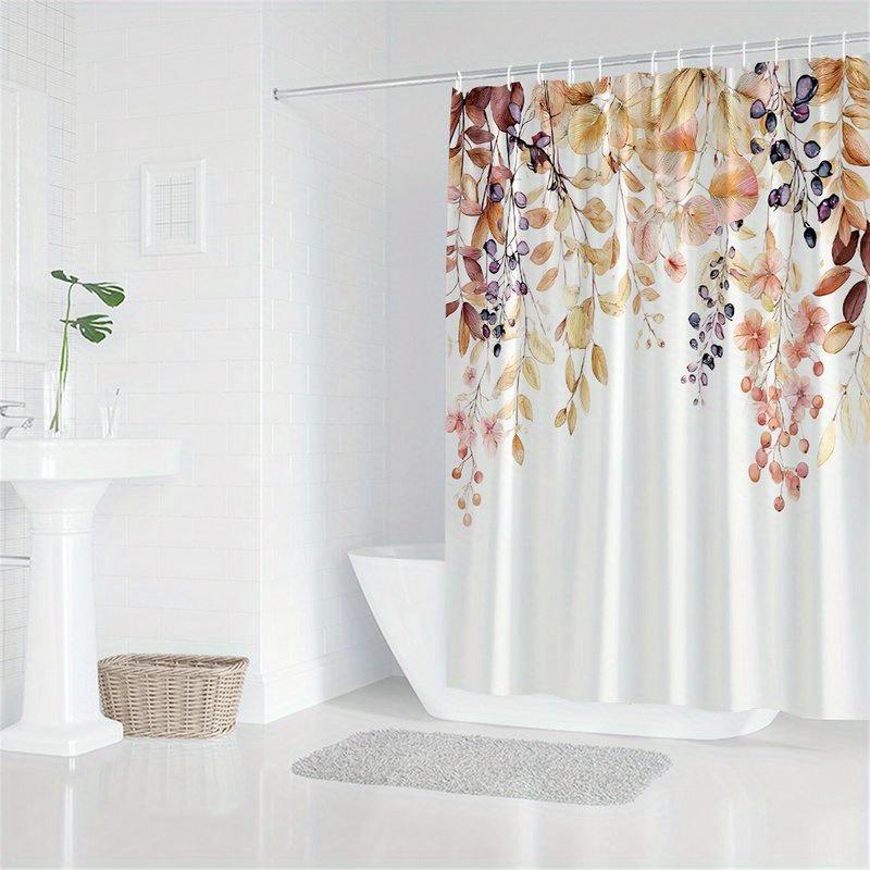 1Pc Autumn Leaves And Berries Shower Curtain - Polyester Fabric, Machine Washable, Suitable For Bathroom Decoration