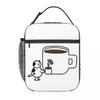 White Cat Holding Coffee Cup Pattern Insulated Lunch Bag for Women Kids Portable Food Boxes Thermal Lunch Box Tote