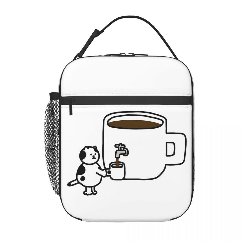 White Cat Holding Coffee Cup Pattern Insulated Lunch Bag for Women Kids Portable Food Boxes Thermal Lunch Box Tote