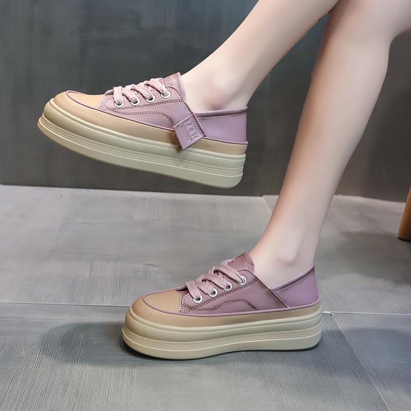 Moda 2024 Novo Estilo de Inverno Feminino Bico Redondo Sola Grossa Cadarço Fashion Cor Sólida Sapatos Cano Baixo