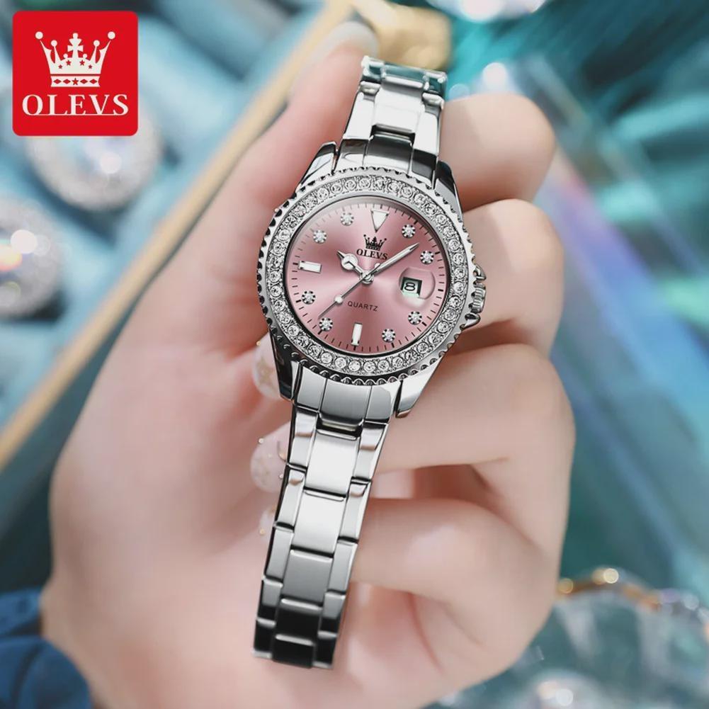 OLEVS Kvartsklokke for kvinner Diamond Dial Luxury Rustfritt stål Vanntett Elegant Dame Mote Topp Merke Dameklokke